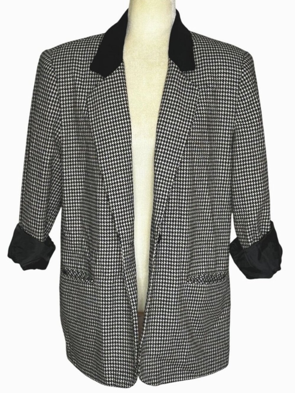 Vintage Sag Harbor Black White Houndstooth Wool Blazer Velvet Collar Jacket 12